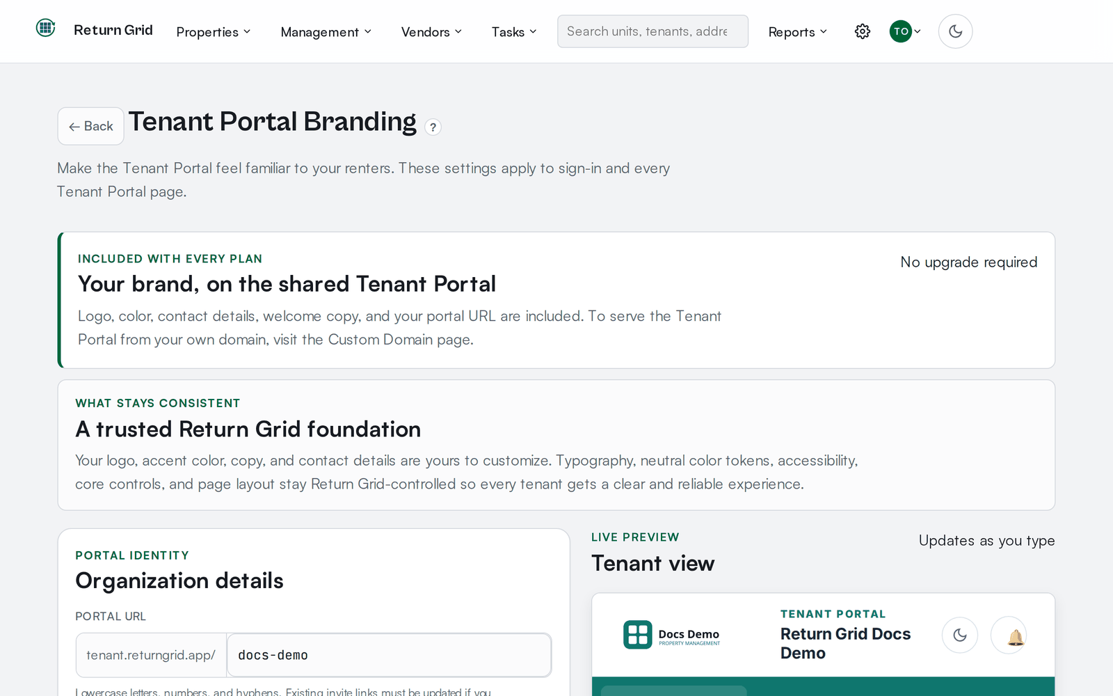 The Tenant Portal Branding settings page with a live tenant-view preview