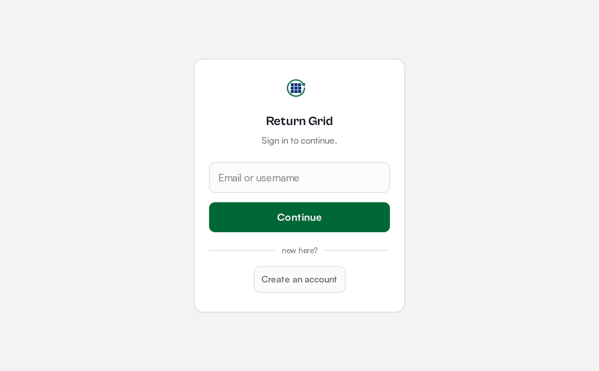 Return Grid sign-in screen showing the email field and Continue button