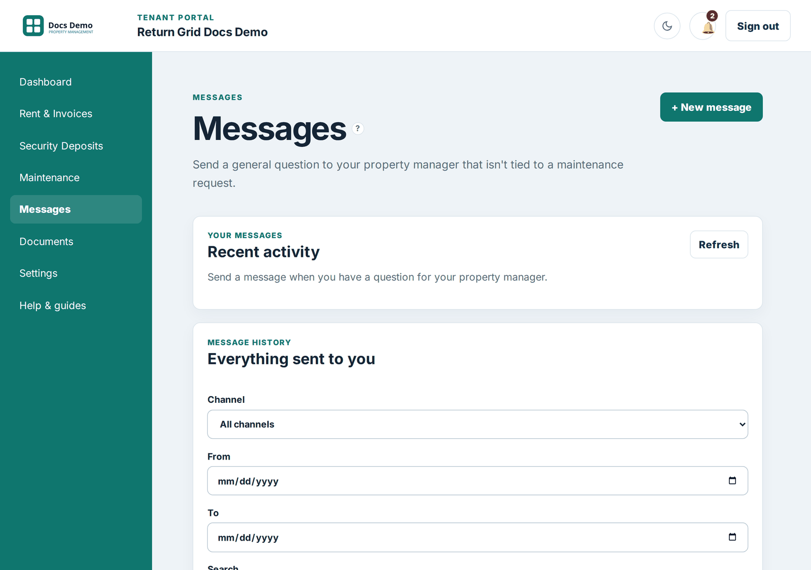 The Tenant Portal messages thread